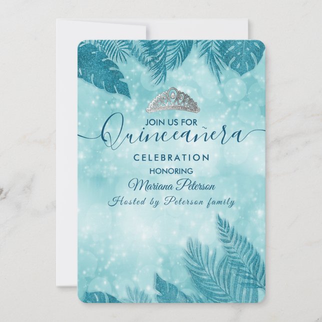 Tropical leaves blue bokeh tiara Quinceañera Invit Invitation (Front)