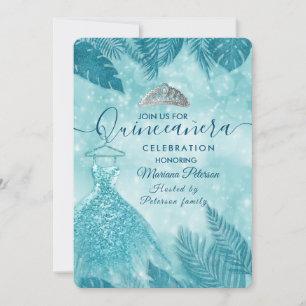 Tropical leaves blue bokeh tiara Quinceañera Invitation