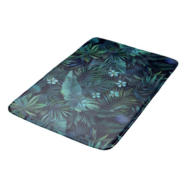 Tropical Leaves Blue Flowers Bath Mat (Angled)