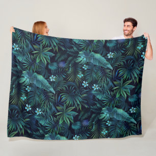 Tropical Leaves Blue Flowers Fleece Blanket