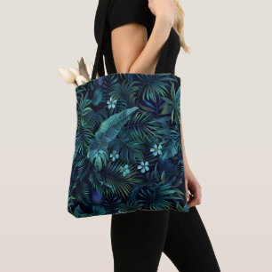 Tropical Leaves Blue Flowers Tote Bag