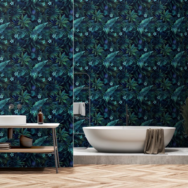 Tropical Leaves Blue Flowers  Wallpaper (Bathroom)
