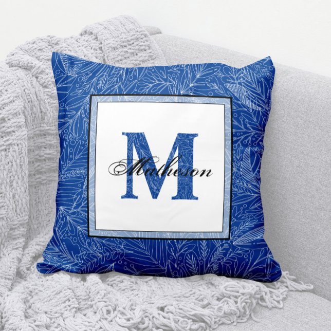 Tropical Leaves Blue Patterned Monogram Line Art Throw Pillow (Royal Blue and White Leaves Pattern Monogram Throw Pillow with Matching Background Pattern)