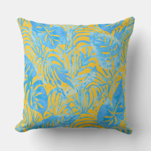Tropical Leaves, Blue Yellow Outdoor Pillow