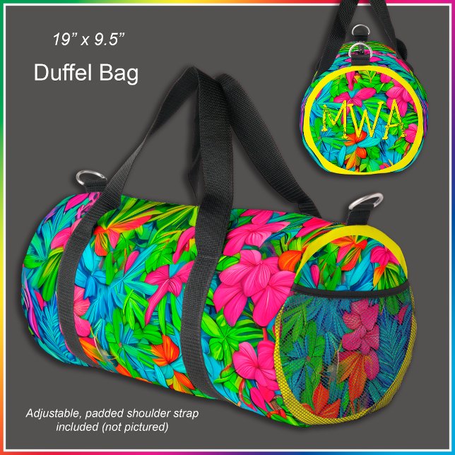 [Tropical Leaves] Botanical Floral Print Monogram Duffle Bag (Optional monogram or jersey number on left end. 1-3 characters works best.)