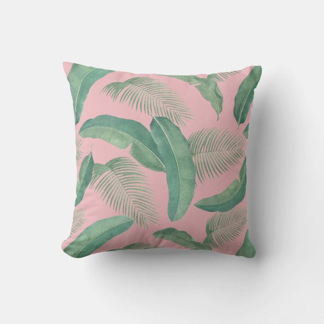 Tropical Leaves Botanical Print Pink Green Summer Throw Pillow (Front)