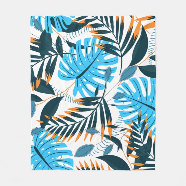 Tropical Leaves Bright White Pattern Fleece Blanket (Front)