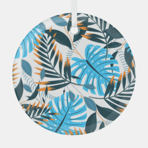 Tropical Leaves Bright White Pattern Glass Ornament
