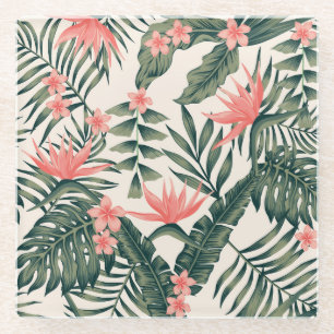 Tropical leaves, cheerful beach wallpaper. glass coaster