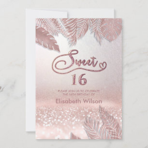 Tropical leaves chic trendy  Rose gold glittery  I Invitation