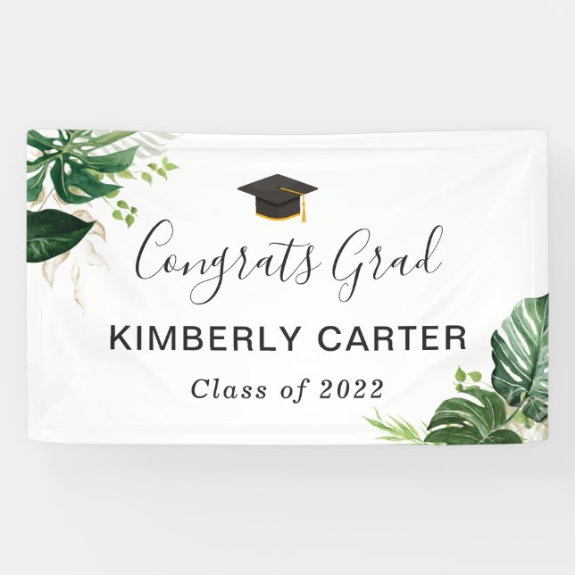 Tropical Leaves Congrats Grad Graduation Party Banner (Horizontal)