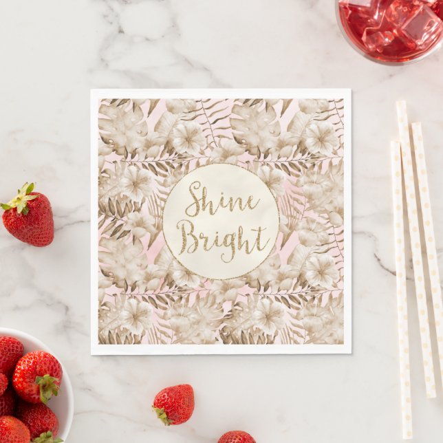 Tropical Leaves Cream Blush Gold Glitter Shine     Napkin (Insitu)