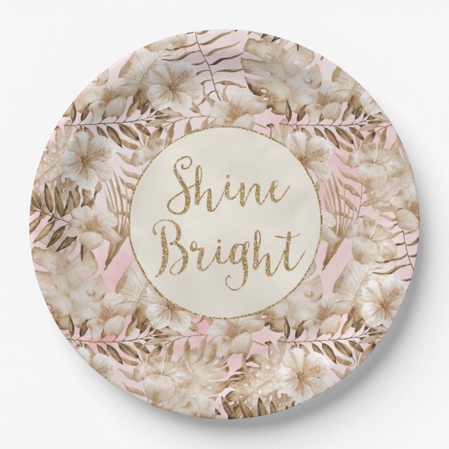 Tropical Leaves Cream Blush Gold Glitter Shine     Paper Plate (Front)