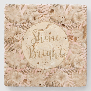 Tropical Leaves Cream Blush Gold Glitter Shine     Stone Coaster