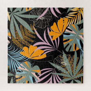 Tropical Leaves: Dark Vintage Print. Jigsaw Puzzle