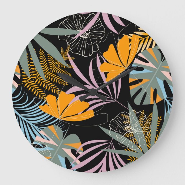 Tropical Leaves: Dark Vintage Print. Large Clock (Front)
