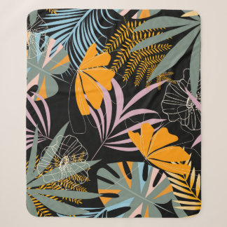 Tropical Leaves: Dark Vintage Print. Sherpa Blanket