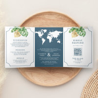 Tropical Leaves Dusty Blue World Map Wedding