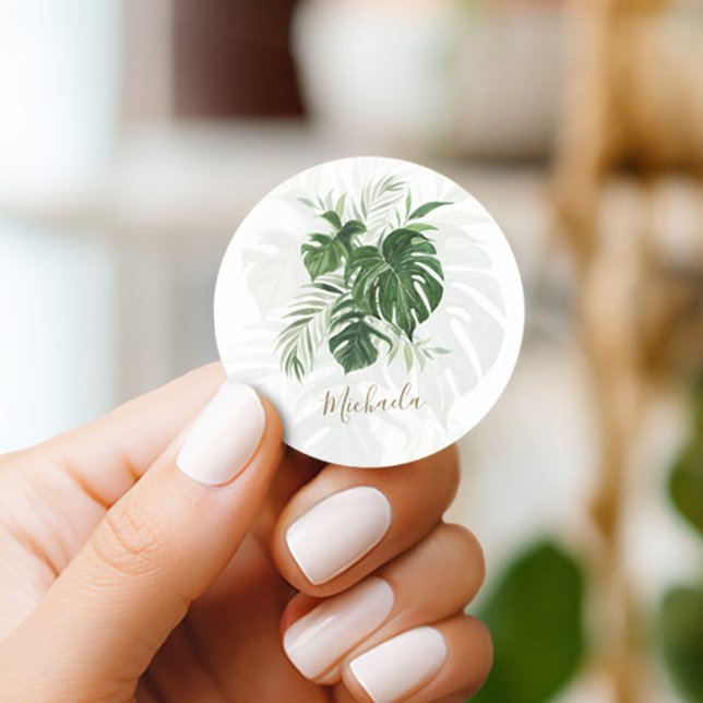 Tropical Leaves Elegant Modern Script Classic Round Sticker (Creator Uploaded)