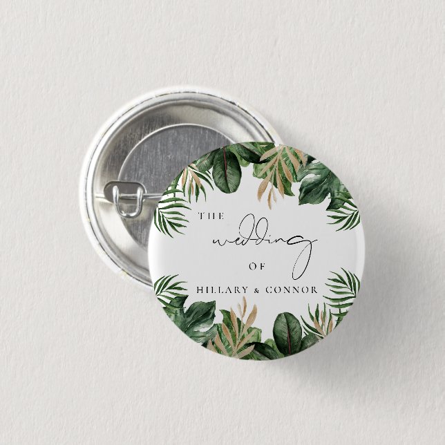 Tropical leaves elegant wedding guest favour 1 inch round button (Front & Back)
