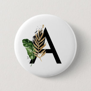 Tropical Leaves Faux Gold Foil Letter A Monogram 2 Inch Round Button