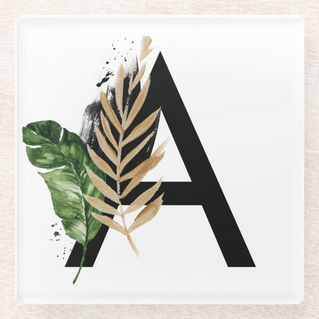 Tropical Leaves Faux Gold Foil Letter A Monogram Glass Coaster (Front)