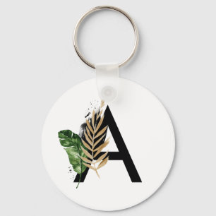 Tropical Leaves Faux Gold Foil Letter A Monogram Keychain