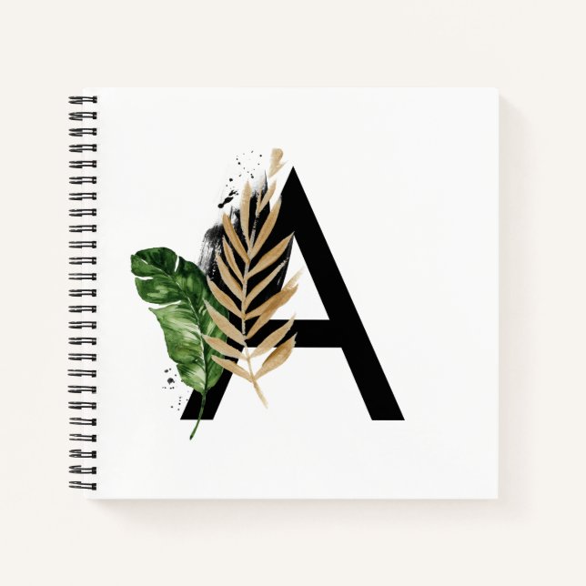 Tropical Leaves Faux Gold Foil Letter A Monogram Notebook (Front)