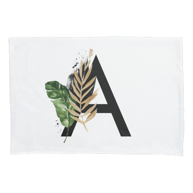 Tropical Leaves Faux Gold Foil Letter A Monogram Pillowcase (Front)
