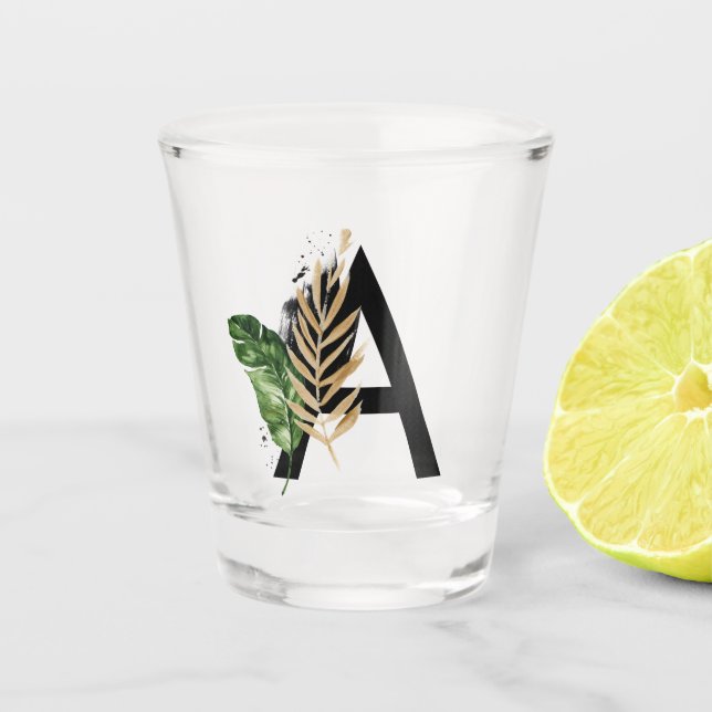 Tropical Leaves Faux Gold Foil Letter A Monogram Shot Glass (Front)