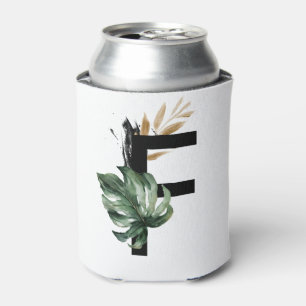 Tropical Leaves Faux Gold Foil Letter F Monogram Can Cooler