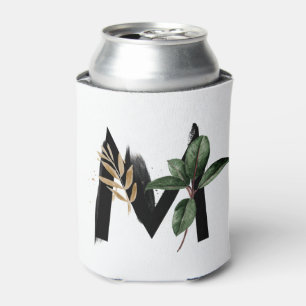 Tropical Leaves Faux Gold Foil Letter M Monogram Can Cooler