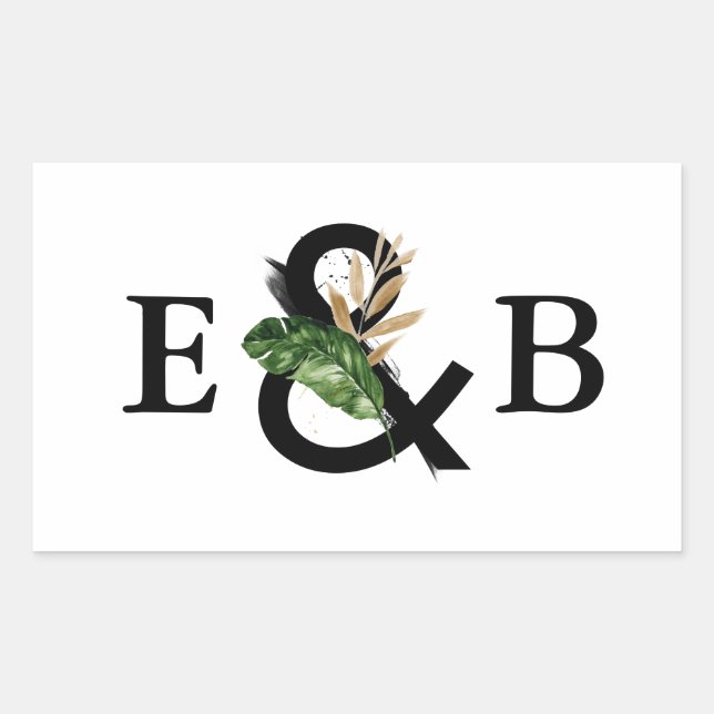 Tropical Leaves Faux Gold Foil Wedding Monogram Sticker (Front)