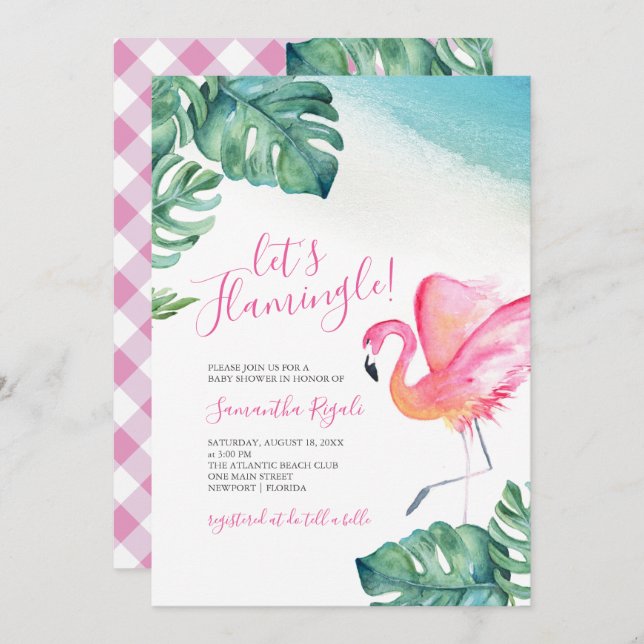 Tropical Leaves Flamingo Baby Shower Invitation (Front/Back)