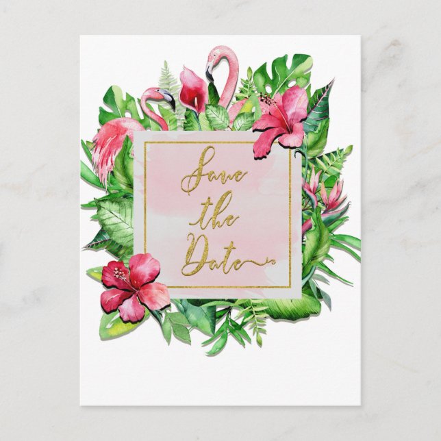 Tropical Leaves Flamingos Summer Save the Date Announcement Postcard (Front)