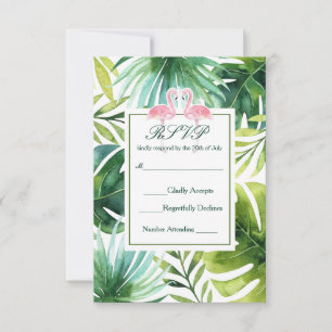 Tropical Leaves & Flamingos Summer Wedding RSVP Card