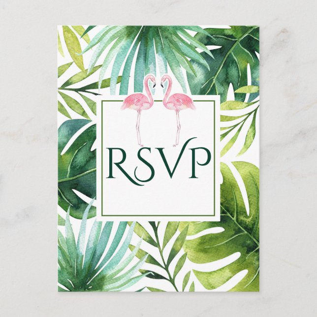 Tropical Leaves & Flamingos Summer Wedding RSVP Invitation Postcard (Front)