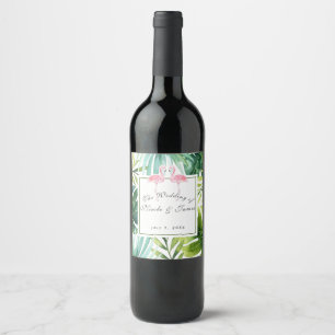 Tropical Leaves & Flamingos Summer Wedding Wine Wine Label