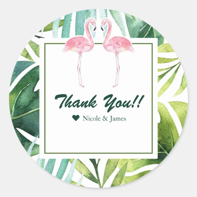 Tropical Leaves & Flamingos Wedding Favour Chic Classic Round Sticker (Front)