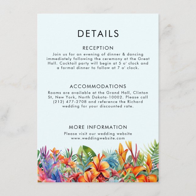 Tropical Leaves Floral Beach Weddial Beach Wedding Enclosure Card (Front)