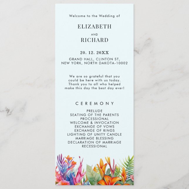 Tropical Leaves Floral Beach Wedding Program (Front)