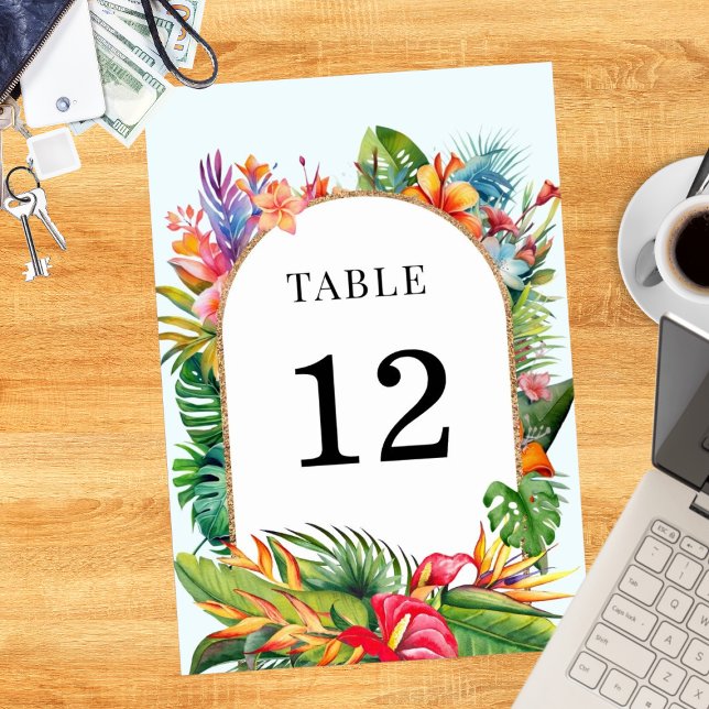 Tropical Leaves Floral Beach Wedding Table Number (Creator Uploaded)