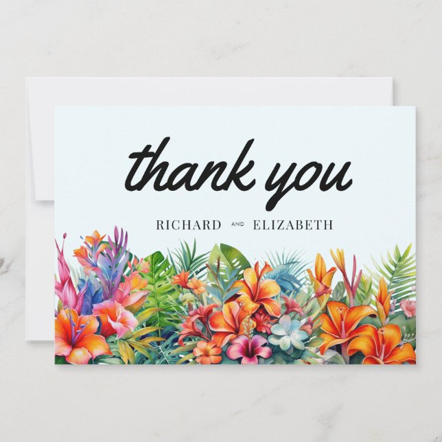 Tropical Leaves Floral Beach Wedding Thank You Card (Front)