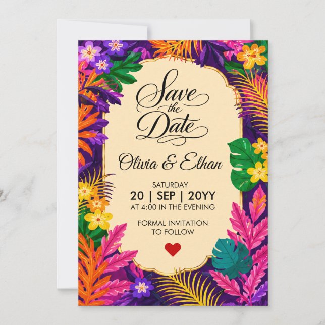 Tropical Leaves Floral Design  Save The Date (Front)