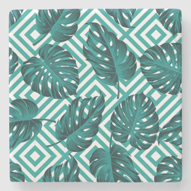 Tropical Leaves: Floral Seamless Pattern. Stone Coaster (Front)