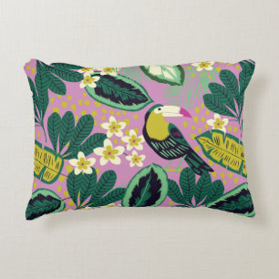 Tropical leaves,flowers and toucan bird seamless p accent pillow