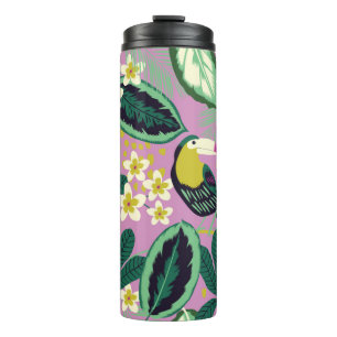 Tropical leaves,flowers and toucan bird seamless p thermal tumbler
