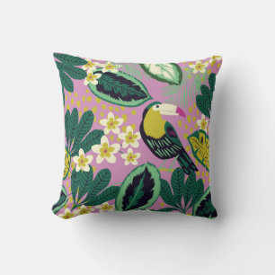 Tropical leaves,flowers and toucan bird seamless p throw pillow