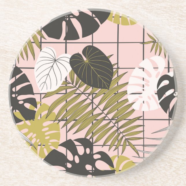 Tropical leaves, flowers, hand-painted pattern. coaster (Front)