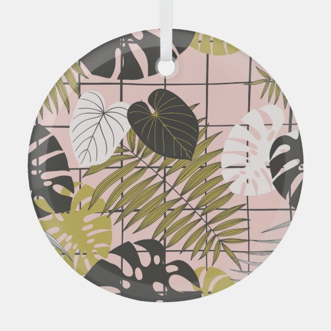 Tropical leaves, flowers, hand-painted pattern. glass ornament (Front)